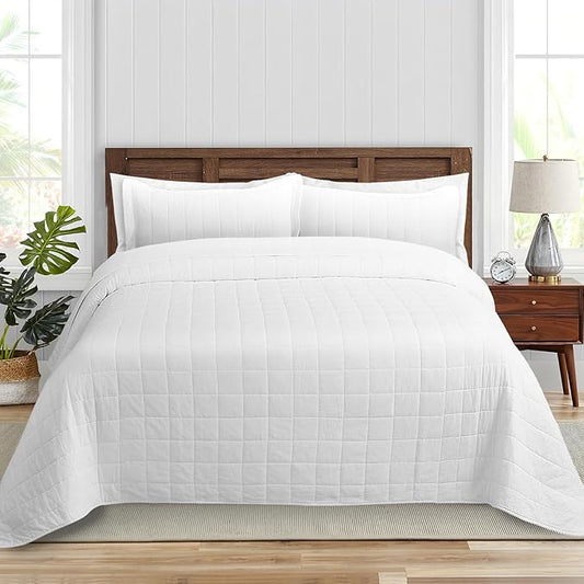 Quilt Super King Size Bedding Sets, 100% Cotton Lightweight Luxury Comforter Set, Oversized Extra Wide Stitching Bedspread Coverlet with 2 Pillowcase Suitable for All Season, White