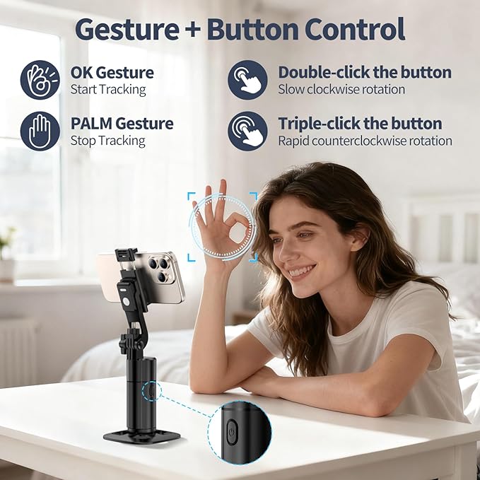 Auto Face Tracking Tripod 360 Rotation iPhone Desk Stand. Cell Phone Photo Vlogging Kit with Remote & Gesture Control. Rechargeable Smart Shooting Selfie Fill Light Stand for Live Record Tiktok No App