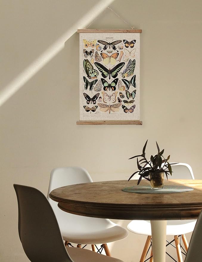 Vintage Butterflies Hanging Poster, Retro Style of Wall Art Prints, Printed on Linen with Wood Frames, Ready to Hang