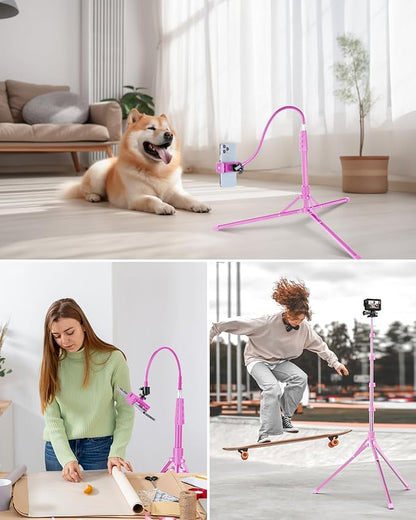 Aureday Phone Tripod, 92" Cell Phone Stand with 15" Gooseneck, Remote and Phone Holder, Overhead & Selfie Stick for Recording/Watching/Vlog, Compatible with iPhone Android, Pink
