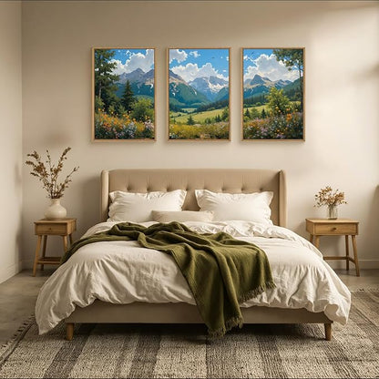 HLNIUC Green Forest Mountain Landscape 3 Piece Wall Art Framed, Colorful Wildflower Nature Wall Decor(24x36), Blue Sky White Cloud Canvas Painting, Woodland Tree Print for Living Room, Bedroom, Office
