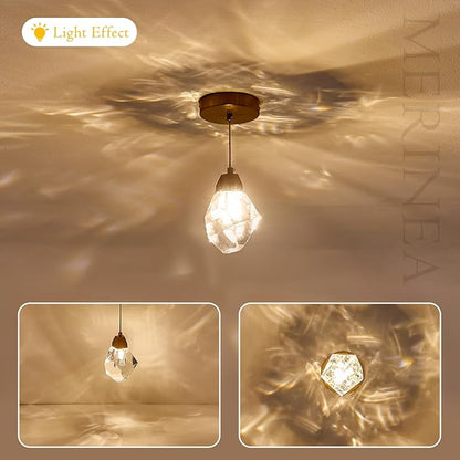 Diamond Crystal Pendant Light, 1-Light Mini Hanging Ceiling Light in Gold Brushed Brass Finish with Prism Crystal and Color Changing LED for Kitchen Island, Dining Room, Bedroom, Hallway, Bar