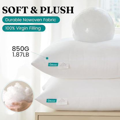 Oubonun 22 x 22 Throw Pillow Inserts - Soft, Plush & Decorative Down Alternative Pillows for Couch Sofa Bed, Machine Washable - White, Pack of 2
