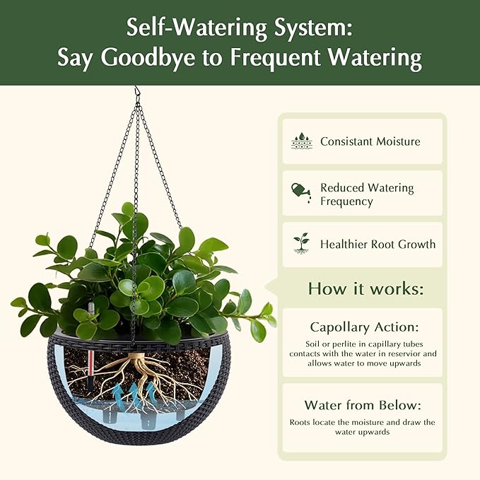 13.5 inch 2Pack Large Hanging Planters for Outdoor/Indoor Plants, Self Watering Hanging Pot with Water Level Indicato, Drainage Holes and Chain for Garden Porch, Black