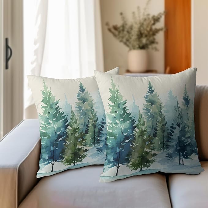 Watercolor Christmas Tree Pillow Covers 16x16 Set of 2 Blue Green Xmas Print Vintage Decorative Outdoor Throw Pillow Cases Rustic Winter Holiday Decoration Farmhouse Sofa Couch Cushion Cover Bed Decor