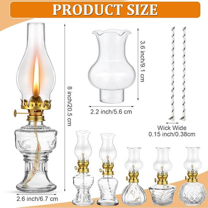 6 Pcs Oil Lamp Vintage Glass Kerosene Lamp for Indoor Use Rustic Decorative Glass Hurricane Lantern with Wick for Home Tabletop Decor Emergency Lighting, 6 Style(Gold)