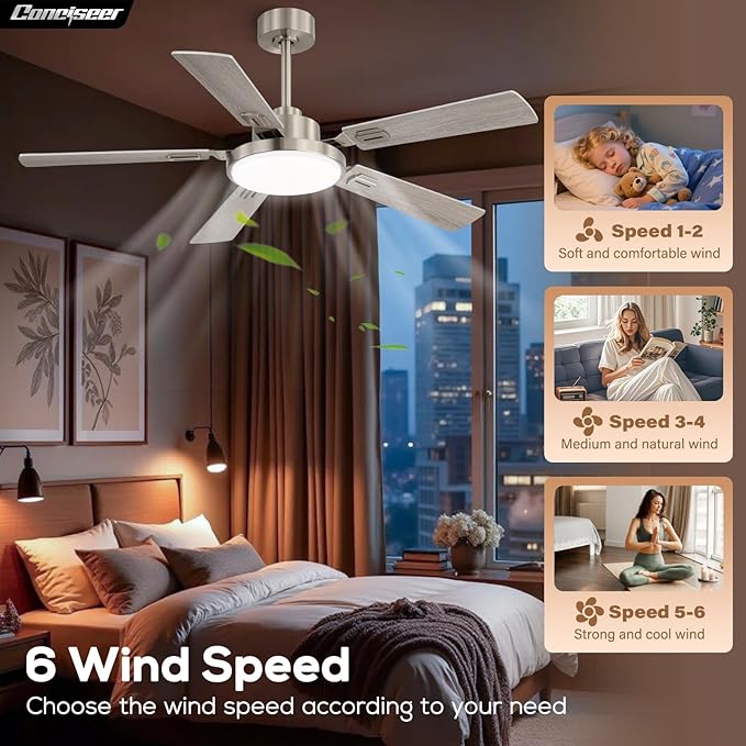 52 Inch Ceiling Fans with Lights and Remote for Bedroom Living Room Kitchen Office, Indoor/Outdoor Use, 5CCT Dimmable, 5 Blades, 6 Speed Reversible Quiet DC Motor, Sand-nickel/Wood Grain