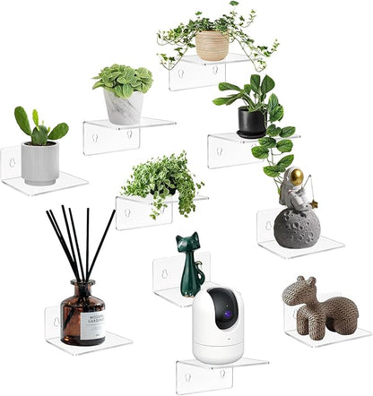 Sankoly 10 Pack 4 Inches Small Acrylic Wall Shelves,Clear Floating Shelves with Dual Installation (Adhesive & Screws), for Storing Surveillance Cameras, Speakers, Perfume Bottles, Plants