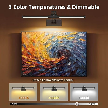 24“ Picture Lights for Wall Battery Operated, Wireless Picture Lights with Remote, Rechargeable Wall Light 3000K/4000K/6000K Dimmable, Art Lighting for Paintings Frame Gallery Dartboard Light, Black