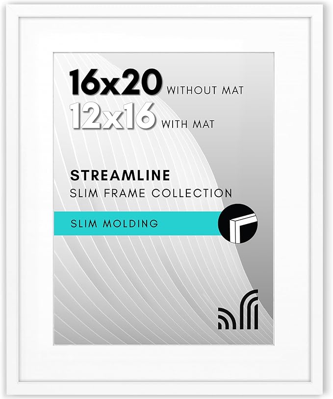 Americanflat 16x20 Picture Frame with Polished Plexiglass - Use as 12x16 Frame with Mat or Display 16x20 Photo Without Mat - Streamline Collection - Thin Border Picture Frames for Wall - White