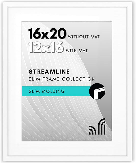 Americanflat 16x20 Picture Frame with Polished Plexiglass - Use as 12x16 Frame with Mat or Display 16x20 Photo Without Mat - Streamline Collection - Thin Border Picture Frames for Wall - White