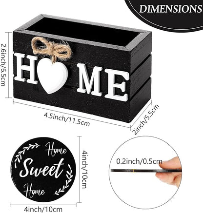 Queekay Coasters Set of 6 House Warming Gifts New Home Wooden Farmhouse Drink Coasters with Holder 4'' Funny Decoration for Kitchen Family Coffee Bar Tabletop Protection(Black)