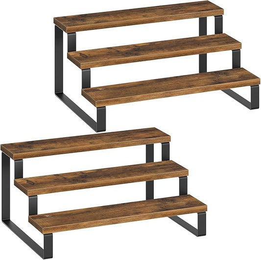 Spice Rack, 3 Tier Wooden Display Riser Stand, Kitchen Storage Organizer for Spices, Versatile Display Shelf, Space Saving, for Kitchen Countertop and Cabinet, Rustic Brown SR03L2BR