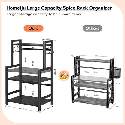 Kitchen Countertop Organizer, 3 Tier Large Spice Rack Organizer with Adjustable Shelf and 5 Hooks, Wooden Counter Organizer, Space Saving Countertop Shelf Microwave Stand for Kitchen,Coffee Bar,Black