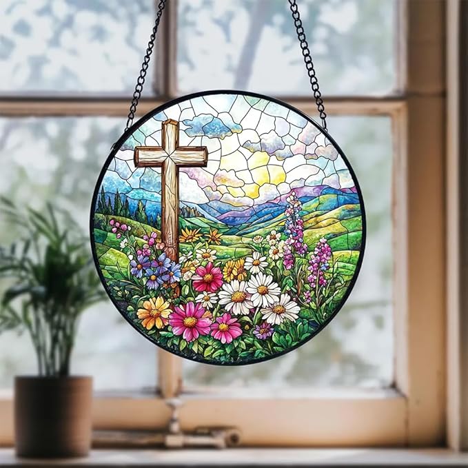 8 Inch Stained Glass Cross Suncatcher for Window Hanging, Stained Glass Windows Hanging Religious Gifts for Women, Sun Catcher for Home Garden Decor, Baptism, Memorial (Cross & Wildflowers)