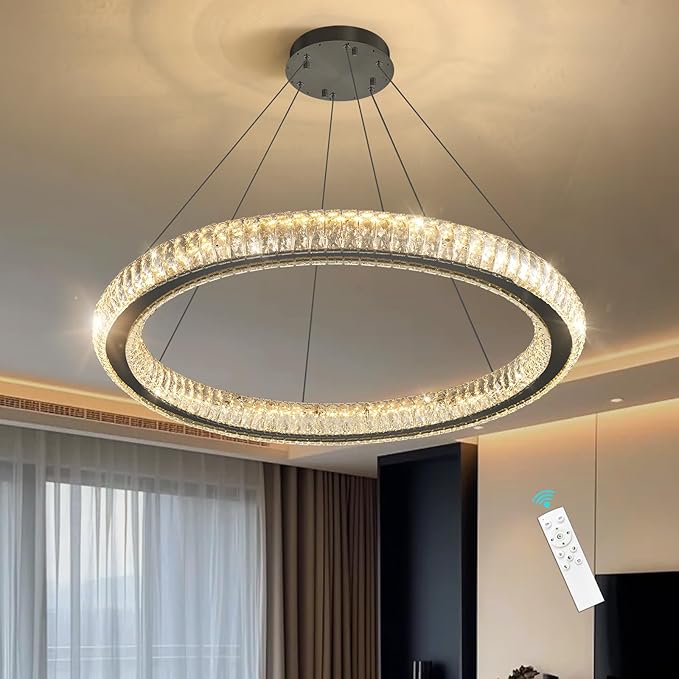 Modern Ring Chandelier LED Dimmable Living Room Chanderliers Entryway High Ceiling Crystal Ring Pendant Lights for Dining Room Bedroom Black Interior Light