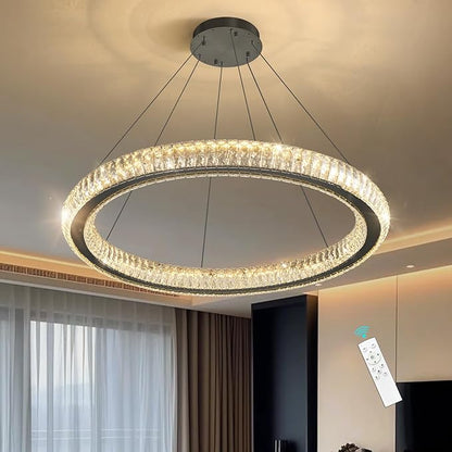 Modern Ring Chandelier LED Dimmable Living Room Chanderliers Entryway High Ceiling Crystal Ring Pendant Lights for Dining Room Bedroom Black Interior Light