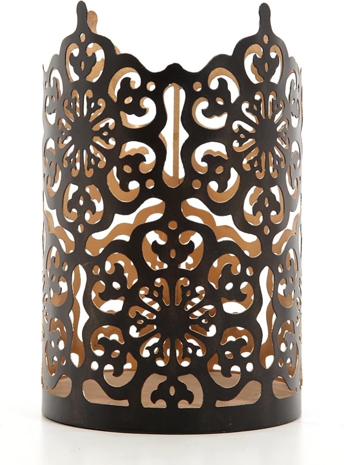 Hosley 7 Inch High Cut Bronze LED Votive Tealight Holder Lantern Intricate Floral Design for Timeless Elegance and Cozy Illumination in Stylish Home D cor Elevate Your Ambiance