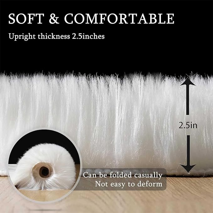 Faux Fur Rug Sheepskin Fuzzy Rug Super Soft Fluffy Plush Area Rug Bedroom Floor Children's Room Sofa Cushion Living Room Bedside Rugs (White,3×3 ft Rotund)