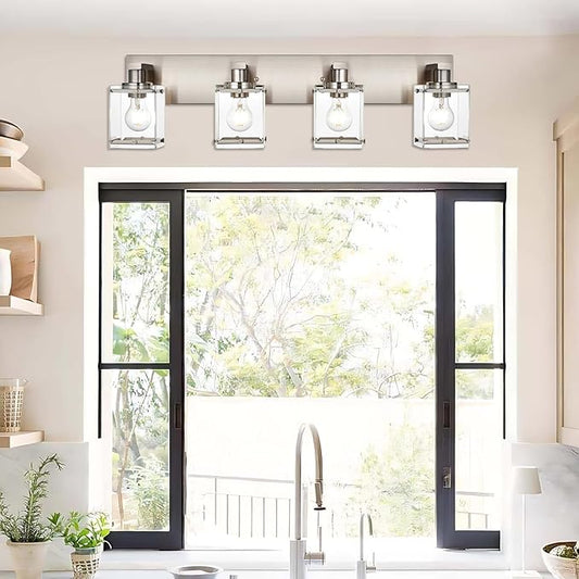 4-Lights Bathroom Vanity Light Fixtures in Brushed Nickel, E26 Socket Wall Sconce Lighting Fixtures with Clear Glass Shades for Over Mirror Bedroom Living Room Cabinet