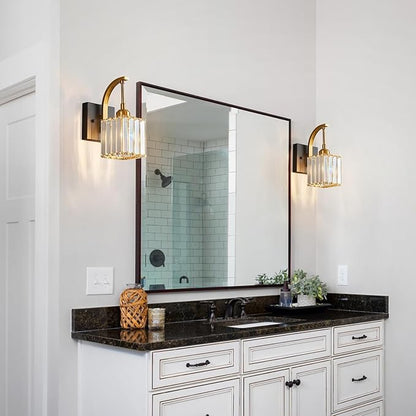 Wall Sconces, Set of 2 Black Gold Crystal Vanity Lights, Modern Wall Lamp for Bathroom, Hallway, and Makeup, Easy Installation