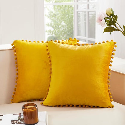 Deconovo Velvet Throw Pillow Covers, Set of 2, Decorative Pom-poms Soft with Invisible Zipper Cover for Sofa,Yellow,22x22 Inch