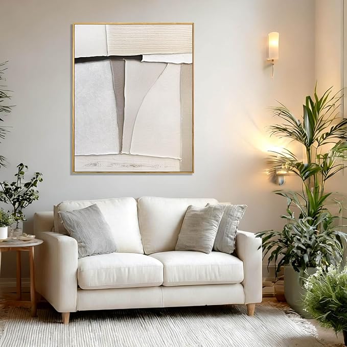 LEVERUP Minimalist Wall Art Beige Painting Artwork Hand Painted Wall Decorations for Dining Room Bedroom Hotel 32×40 Inchs Room Posters