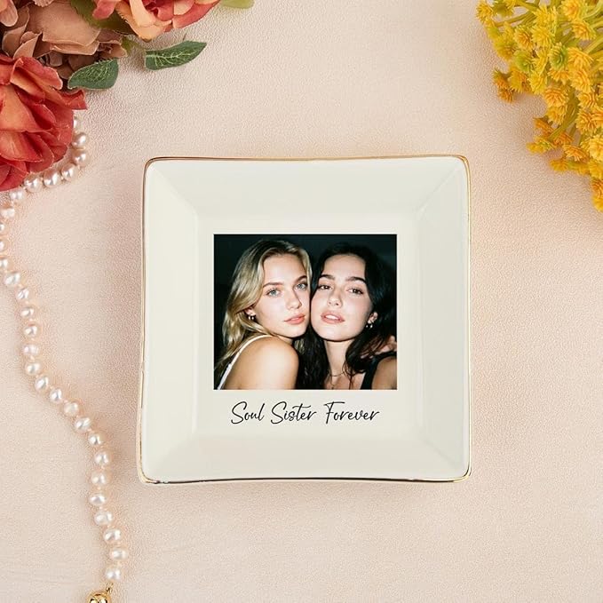 Chillever Personalized Besties Photo Ring Dish, Custom Jewelry Dish Gift for Besties, Soul Sister Trinket Gift for Long Distance Friendship Women BFF Christmas Birthday Wedding Gifts DS3