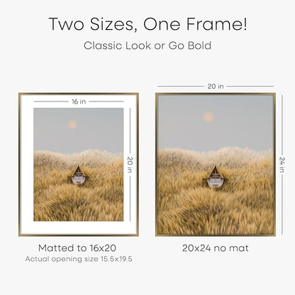 Homeforia Picture Bronze Frame 20x24, High End Metal 20x24 Brass Poster Frames with Mat 16x20 for Photo, 20 x 24 Frame Matted to 16 x 20 Print, 24x20 Hanging Frames, Tempered Glass, Wall Kit, Set of 4