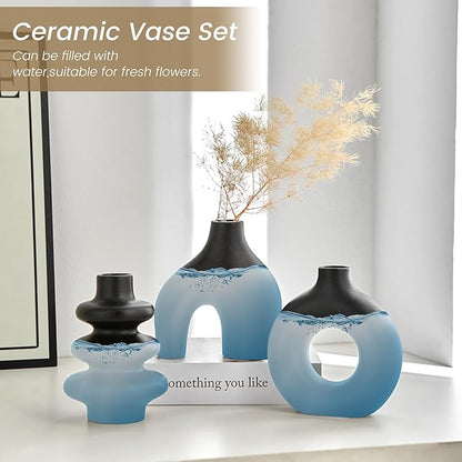 Black Ceramic Vase Set of 3, Small Flower Vases for Pampas Grass, Modern Boho Vase for Decor, Round Black Vases Centerpieces for Wedding Living Room Bedroom Coffee Table Entryway