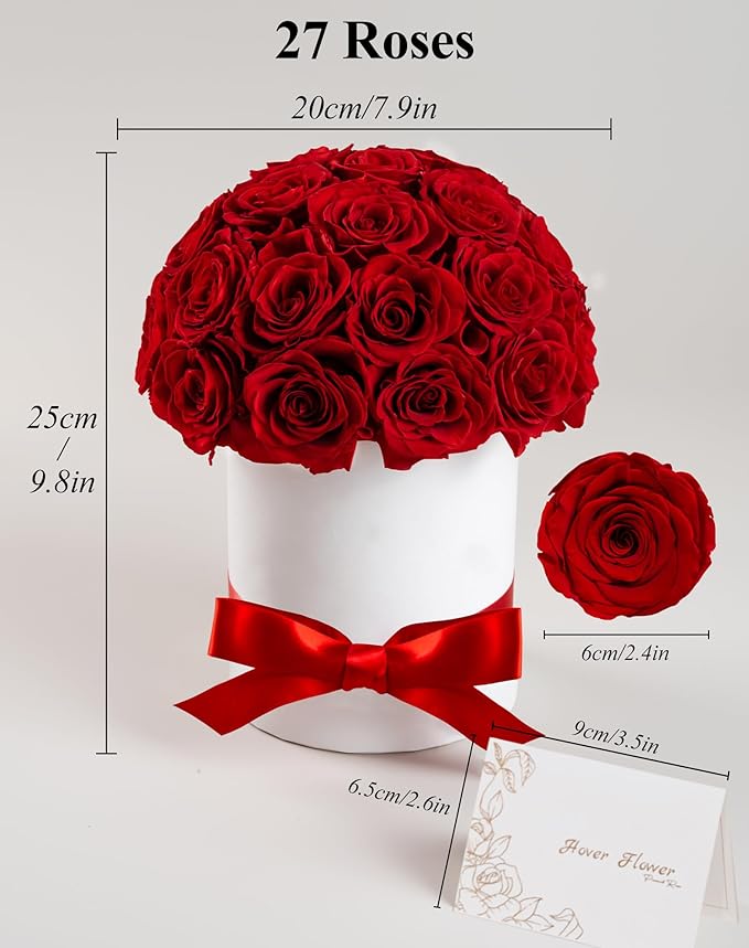 27 Forever Roses Dome in Luxury White Box, Eternal Real Roses Birthday Gifts for Women, Preserved Flowers for Delivery Prime, Anniversary, Valentine's Day, Mothers Day for Mom (Red)