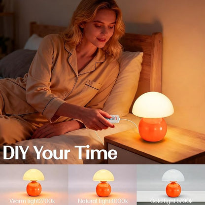 Cute Small Mushroom Lamp Decor,USB-Plug in Bedside Table Lamps with 3-Temperature LED Bulb Dimmable,Modern Aesthetic Home Decor for Livingroom/Bedroom/Dorm/Nursery (Orange with Plug)