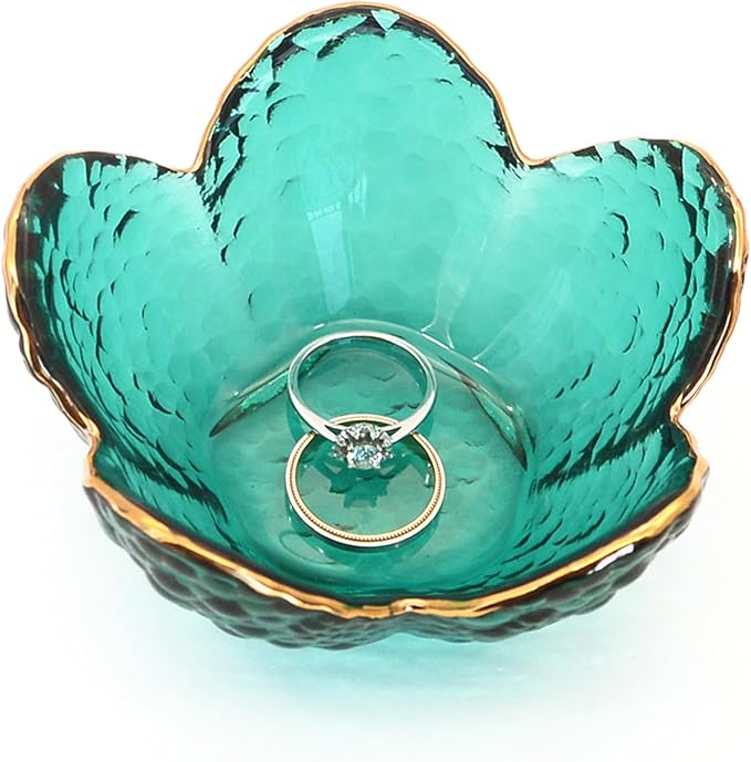 Green Flower Ring Dish Jewelry Tray, Small Glass Trinket Tray for Rings Earrings, Present for Wife Mom Daughter Women