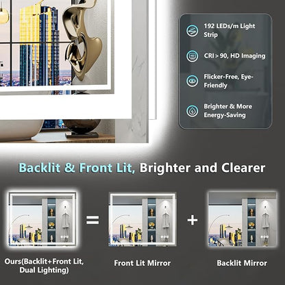 40x36 LED Bathroom Mirror with Lights, Backlit & Front Lit, Anti-Fog Lighted Vanity Mirror for Bathroom Wall, 3 Colors, Dimmable, Memory, Shatter-Proof, HD Tempered Glass, Horizontal/Vertical