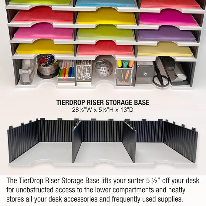 Desktop Organizer 6 Letter Tray Sorter Plus Riser Storage Base for Easy Access to Lower Slots, Desk Accessories & Supplies. Optional File Topper & Drawers
