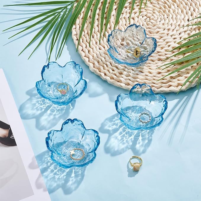 PLIGREAT 4 Pcs Blue Flower Jewelry Dish, Trinket Tray Glass Ring Dish Small Flower Jewelry Tray for Key Earrings Rings Holder Vanity Bathroom Room Decor Gifts for Women