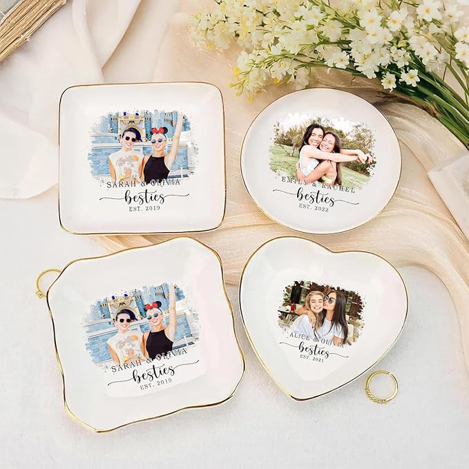 Custom Photo Watercolor Bestie Ring Dish, Personalized Best Friend Jewelry Dish, Soul Sister Trinket Dish Gift for Long Distance Friendship Women BFF Christmas Birthday Wedding Gift