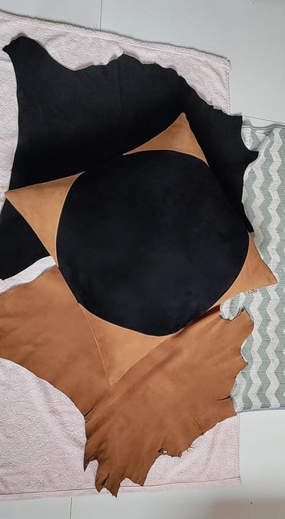 Lambskin Suede Leather Pillow Cover - Sofa Cushion Case - Decorative Throw Covers for Living Room & Bedroom, 14x14 Inches - Tan and Black (01) Pack of 2
