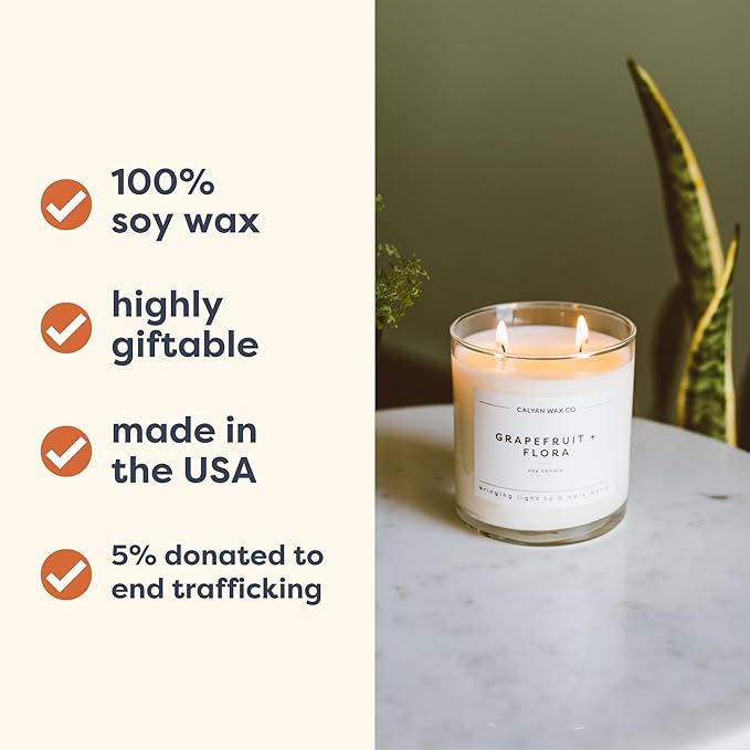 Calyan Wax Co. Grapefruit & Flora 2 Wick Scented Candle - 37 Hour Burn - Luxury Non Toxic Soy Wax Candles - Long Lasting Large Glass Jar Candle for Home - 8.8oz