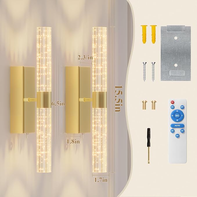 camuucci Battery Operated Gold Wall Sconces Set of 2 Rechargeable Battery Powered Wall Light with 18000mAh Not Hardwired Dimmable Wall Lamp Fixtures for Bedroom Living Room 15.3 Inches