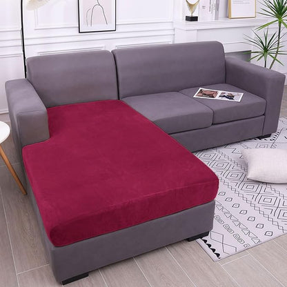 hyha Velvet Couch Cushion Covers, Stretch Chaise Lounge Sectional Couch Seat Covers L Shape for Sectional Sofa, Soft Sofa Cushion Slipcover Washable with Elastic Bottom(Chaise, Wine Red)