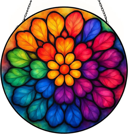 Stained Glass Window Hanging, Rainbow Mandala Meditation Sun Catcher, Stained Glass Panels for Indoor Windows Wall Art Decor, Birthday Gift for Mom Women Wife Lovers (7.87inch)