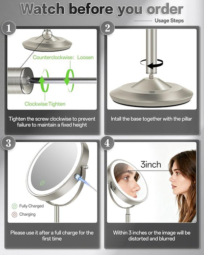 VFD 30X/1X Makeup Mirror with Lights, Height Adjustable Lighted Magnifying Vanity Mirror with 3 Lighting and Adjustable Brightness, 3000mAh Rechargeable Double Sided Switch for Desk Women Gift