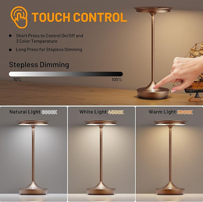 LED Cordless Table Lamps Rechargeable - Outdoor 6000mAh Battery Operated Portable Tables Light 3 Color Stepless Dimming Lamp with Memory Function for Patio Restaurant Dining Moka
