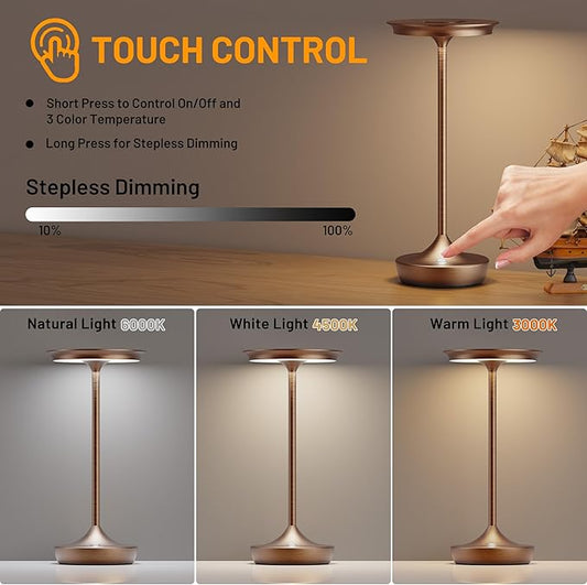 LED Cordless Table Lamps Rechargeable - Outdoor Battery Operated Portable Table Light 3 Color Stepless Dimming Tables Lamp with Memory Function for Patio Restaurant Dining 2 Pack Moka