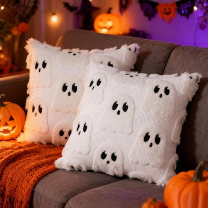 Halloween Decorative Pillow Covers 18x18 Set of 2 Ghost Throw Pillow Covers, Faux Fur Soft Pillow Cover Fluffy Plush Accent Throw Pillow Case, Throw Pillow Cover Cushion Cover for Home Decor, White