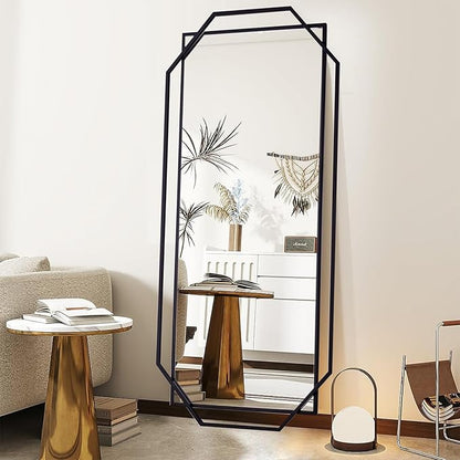 55"x28" Black Large Decorative Bathroom Wall Mirror for Wall with Metal Frame, Modern Octagonal Horizontal Mirror for Living Room, Bedroom, Entryway