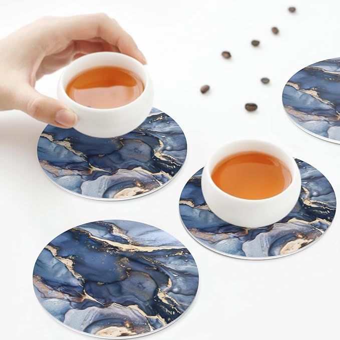 Navy Blue Marble Abstract Coaster Set of 4 Stone Texture Cup Coasters for Drinks Waterproof Wipeable PVC Round Coasters Mat for Coffee Beer Wine Outdoor Patio Table Bar Desk Seasonal Desk Decor