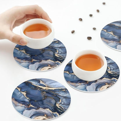 Navy Blue Marble Abstract Coaster Set of 4 Stone Texture Cup Coasters for Drinks Waterproof Wipeable PVC Round Coasters Mat for Coffee Beer Wine Outdoor Patio Table Bar Desk Seasonal Desk Decor