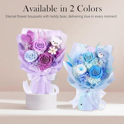 Preserved Flowers Bouquet with Bear, 3 Real Forever Flowers for Delivery, Long-Lasting Purple Eteranl Roses Bouquet, Anniversary Birthday Valentine Gifts for Women Mom Grandma Her Wife Girlfriend